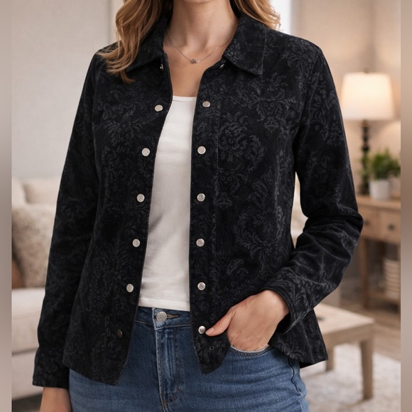 CJ Banks Jackets & Blazers - CJ Banks Black Floral Corduroy Jacket | Snap Front Blazer | Plus Size Business